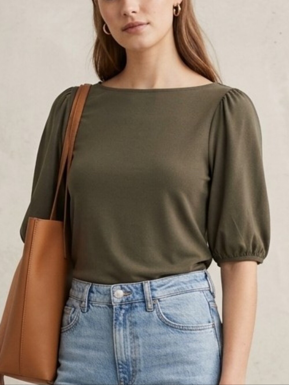 H&M Olive Green Puff Sleeve Lightweight Boat Neck Top, XS
